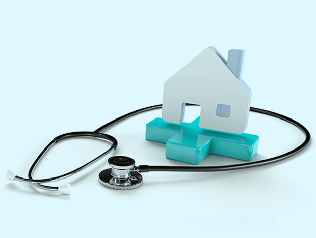 A model home wrapped in a stethoscope on a teal medical cross, representing SafeLife's home health, home care and hospice services