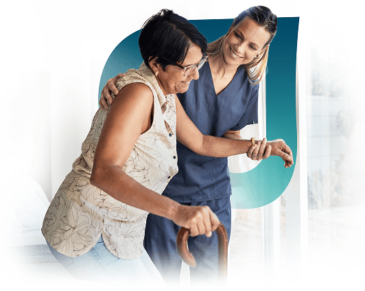 SafeLife nurse smiling while steadying a senior woman walking with a cane at home